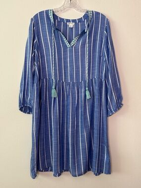 Tribal Jeans Medium lightweight popover blue dress w/ 3/4sleeves and tie at neck